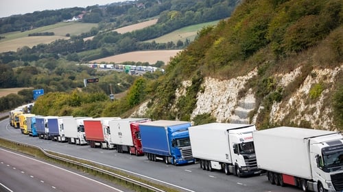Lorries queue on the A20 near Dover in Kent