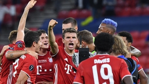 Thomas Muller (c) celebrates with his team-mates after winning the UEFA Super Cup