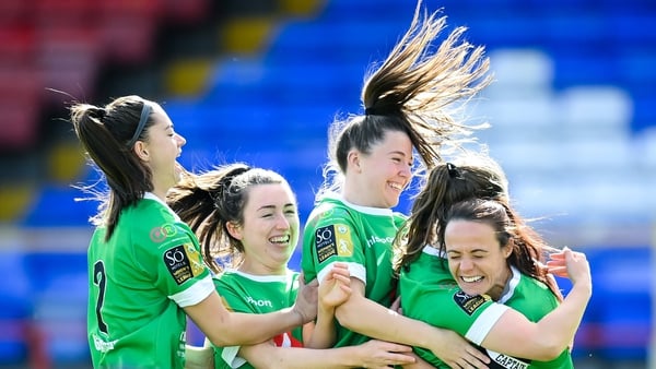 Lucy McCartan, second from right, celebrates with Peamount United team-mates after scoring her side's first goal