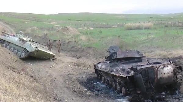 A grab taken from a handout video released by the so-called Nagorno-Karabakh (NKR) Defense Army from Youtube claims to show tanks allegedly destroyed in shelling
