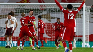 Liverpool's Portuguese striker Diogo Jota (3L) celebrates