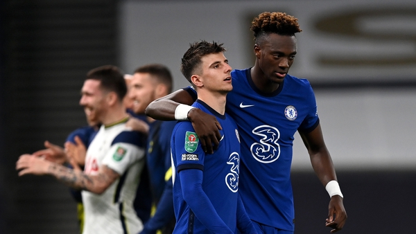 Mason Mount of Chelsea is consoled by Tammy Abraham of Chelsea after he missed his penalty