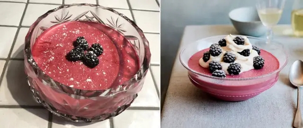 Lisa's wild berry mousse (l), and Mary Berry's (r) (Lisa Salmon/Laura Edwards/PA)