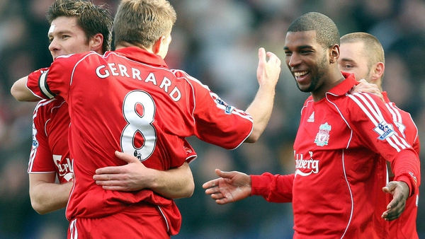 Ryan Babel (R) celebrates with Steven Gerrard during their Liverpool days in March, 2008