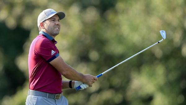 Sergio Garcia plays his shot on the 14th hole