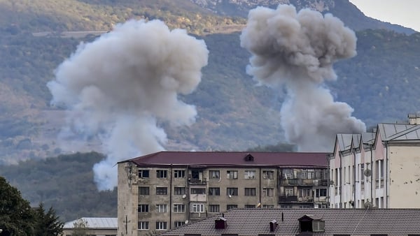 Smoke rises after shelling in Stepanakert on Friday