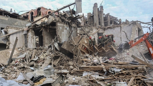 A handout photo from Azerbaijan Foreign Ministry shows houses allegedly damaged by a recent shelling in Ganja