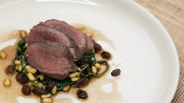 Pan fried venison with Catalan spinach