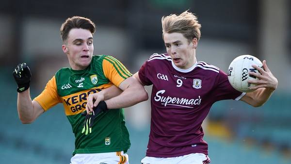 Cian Hernon of Galway in action against Luke Brosnan of Kerry