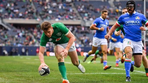 Garry Ringrose scores a try in the 54-7 rout of Italy in November 2018