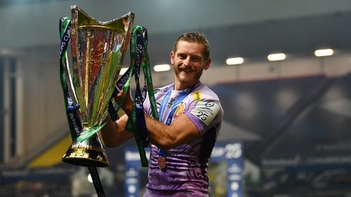 Gareth Steenson of Exeter Chiefs poses with the Champions Cup trophy