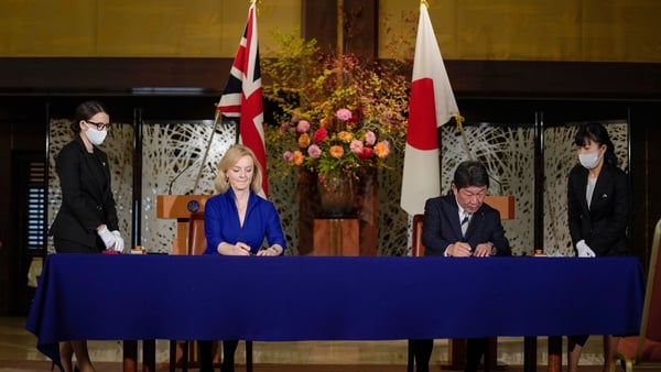 British Trade Secretary Liz Truss and Japanese Foreign Minister Toshimitsu Motegi in Tokyo today