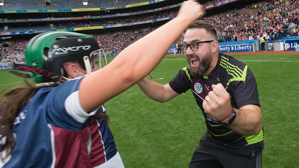 Westmeath manager Johnny Greville celebrates after the game with Sandra McGrath