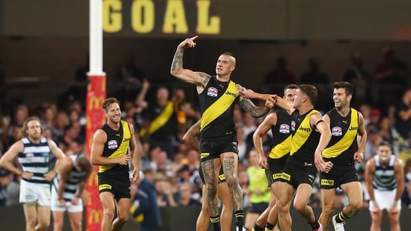 Man of the match Dustin Martin celebrates a goal for the Tigers