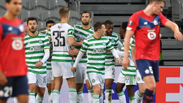 Celtic players celebrate with goalscorer Mohamed Elyounossi