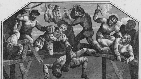 A drawing showing Protestant settlers attacked by Catholics on Portadown Bridge during the 1641 Irish Rebellion. Image: Hulton Archive/Getty Images