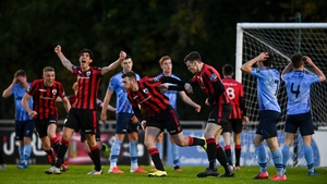 Joe Gorman celebrates the first of two equalisers for Longford Town