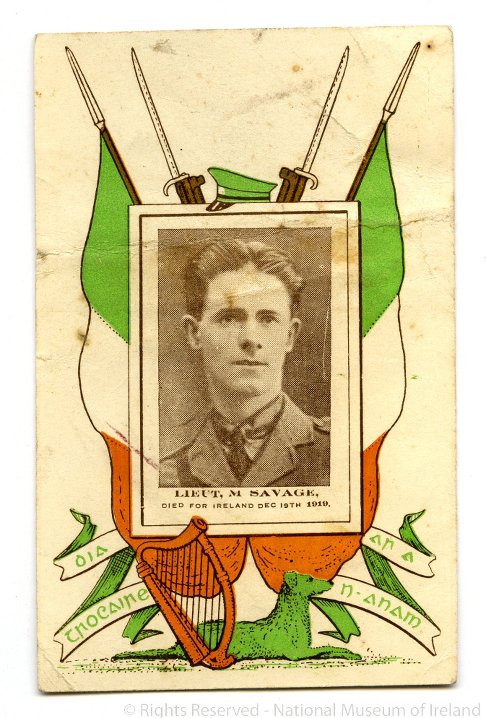 Image - Commemorative postcard for Martin Savage, 'Died for Ireland, Dec 19th, 1919' Image courtesy of the National Museum of Ireland