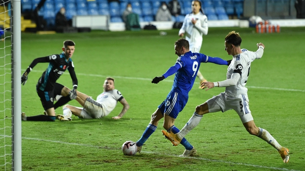Jamie Vardy strikes from close range for the Foxes' third goal at Elland Road