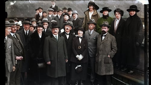 Anglo-Irish Treaty signatories Arthur Griffith, Eamon J Duggan, Robert Barton and George Gavan-Duffy surrounded by supporters at Holyhead on December 6th 1921. Photo: Matt Loughrey/My Colorful Past from RTE Photographic Archive's Cashman Collection