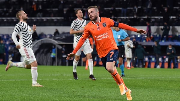 Edin Visca celebrates Istanbul Basaksehir's second goal against Man United