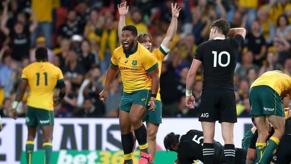Folau Fainga'a celebrates Australia's try during the 2020 Tri-Nations match