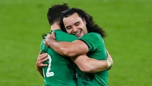 James Lowe embraces Robbie Henshaw at full-time after win over Wales