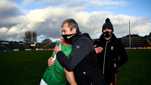 Mayo manager James Horan celebrates wtih Tommy Conroy following the win over Galway