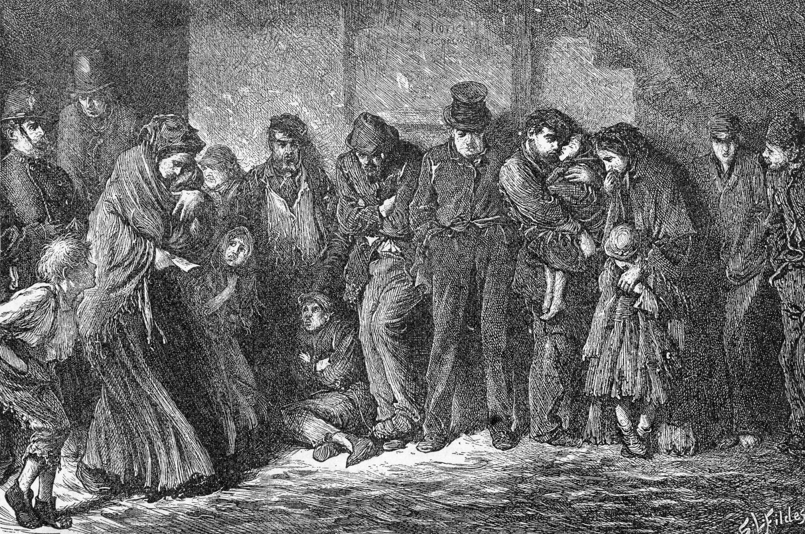 Image - "Houseless and Hungry" by Luke Fildes,which appeared in the first number of the London Graphic, 1869. Source: DeAgostini/Getty Images