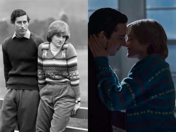 (L) Charles and Diana pictured before their wedding in 1981 and (R) in the early days of their relationship on The Crown (Netflix/PA)