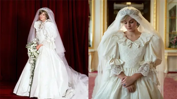 Diana's wedding dress and its on-screen replica (Netflix/PA)
