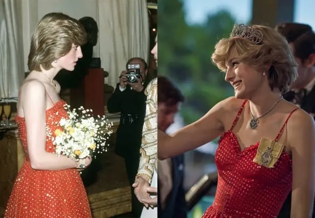 Diana's red polka dot dress both IRL and on-screen (Netflix/PA)