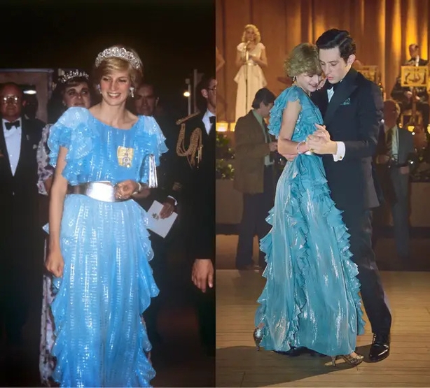 (L) Princess Diana in 1983 and (R) dancing with Charles on the show (Netflix/PA)