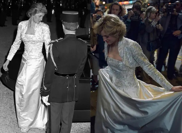 (L) Princess Diana at the Elysee Palace in 1988 and (R) wearing a copy of the dress in The Crown (Ron Bell/Netflix/PA)