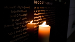 The names of the victims are lit by candlelight at the Bloody Sunday memorial in Croke Park on 16 November