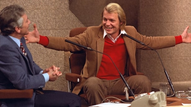 Gay Byrne (left) interviews American actor and singer David Soul, on RTE television's 'The Late Late Show', in Studio 1 on 6 December 1980.