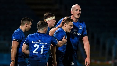 Michael Silvester of Leinster celebrates with Devin Toner
