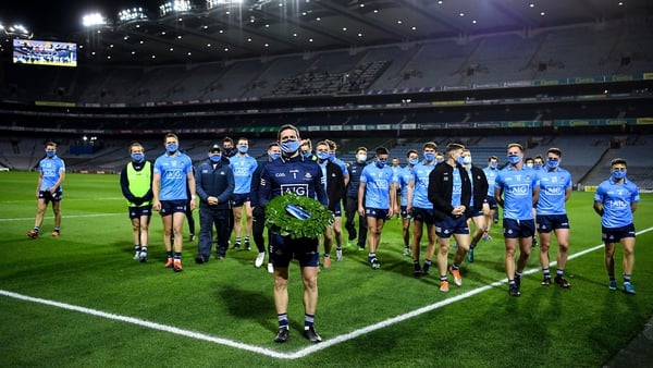 Dublin players mark the Bloody Sunday commemoration at Croke Park following their landslide Leinster football final victory over Meath