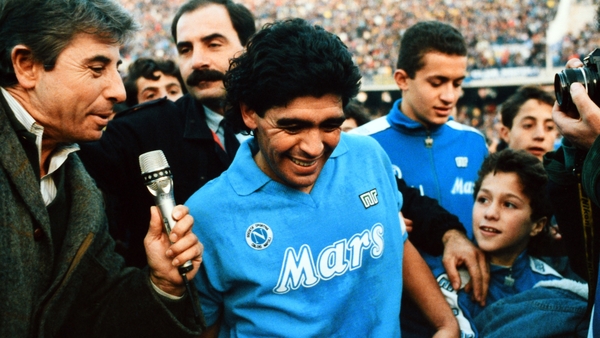 Diego Maradona is interviewed after the Serie A match between Napoli and AC Milan on 27 November, 1988