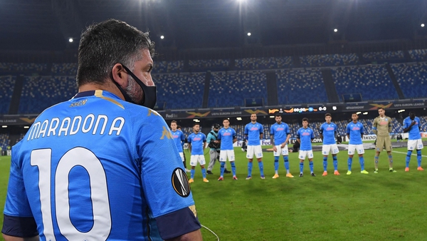Napoli manager Gennaro Gattuso wears a number 10 Maradona shirt