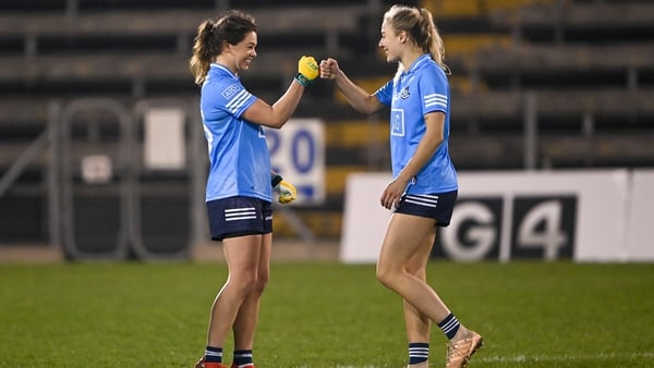 Dublin players Noëlle Healy, left, and Nicole Owens celebrate victory over Armagh