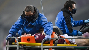 Galway's Joe Canning leaves the pitch on a stretcher with concussion during the All-Ireland senior hurling semi-final at Croke Park in November 2020. Photo: Brendan Moran/ Sportsfile via Getty Images