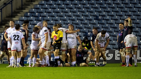 Ulster players celebrate John Andrew's try to make the score 41-14