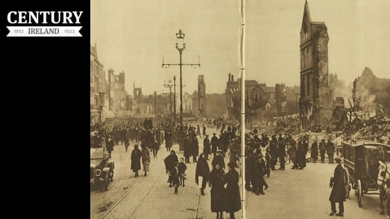 Century Ireland Issue 193 - People wandering around the still-smoking ruins of Cork city, recently destroyed by fires (Image: Illustrated London News, 18 December 1920)