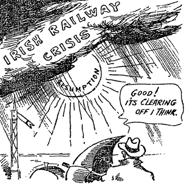 Cartoon about the potential resumption of railway services in Ireland Photo: Sunday Independent, 19 December 1920