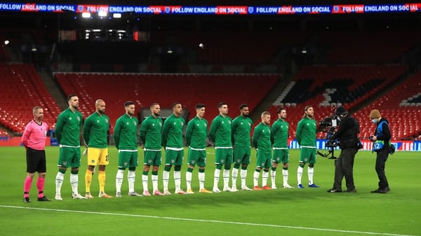 The Republic of Ireland line up for the national anthems during the international friendly against England at Wembley