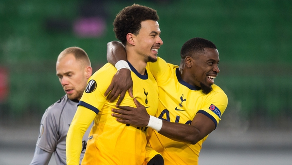 Dele Alli celebrates his penalty with Serge Aurier