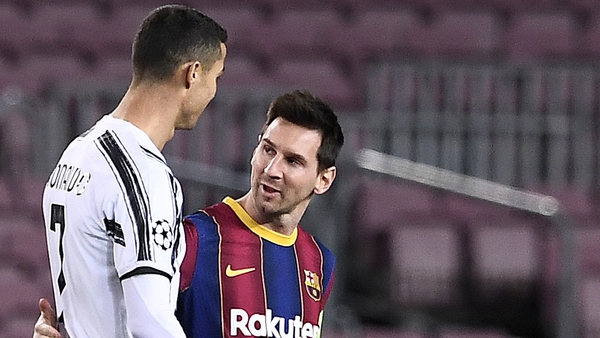 Cristiano Ronaldo greets Lionel Messi Tuesday night's clash between Barcelona and Juventus