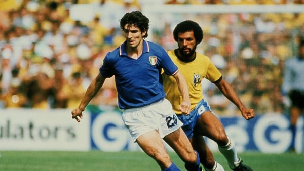 Paolo Rossi in action against Brazil in 1982 when he would score a famous hat-trick