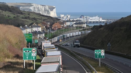 Trucks backed up at the Port of Dover today